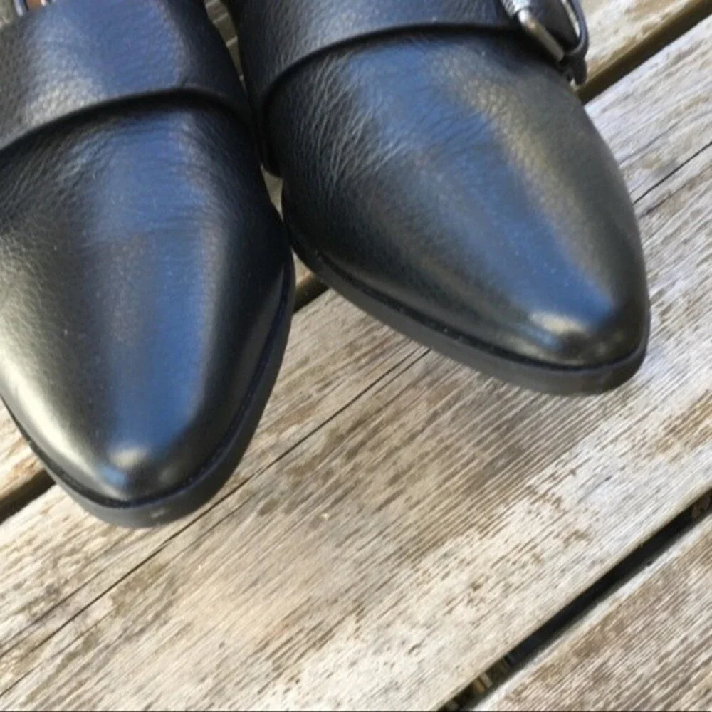 Anthropologie Splendid Carla Buckle Point Toe Black Leather Booties 8.5 NWOB